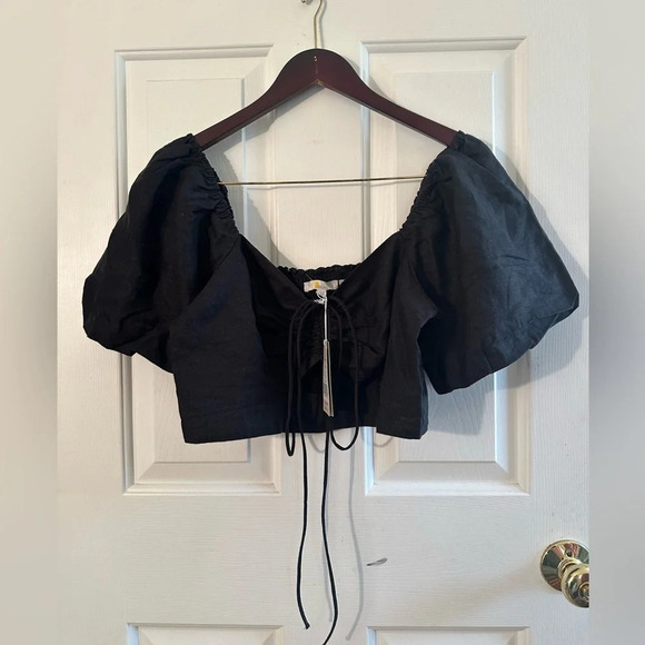 NWT! BODEN Halter Neck Cut Out Linen Crop Top US 12 Black Poof Sleeves Tie CUTE - Picture 3 of 15